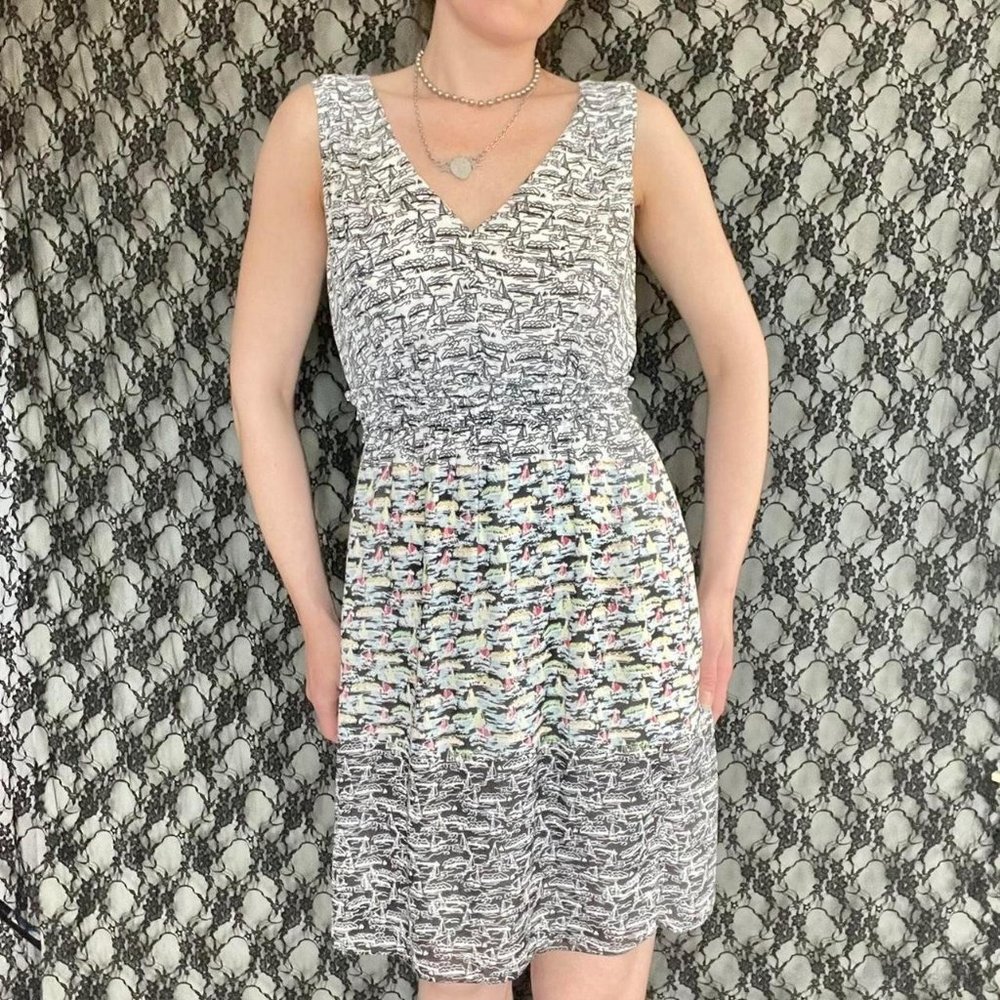 sleeveless aline smocked waist boat pattern dress max studio sz small